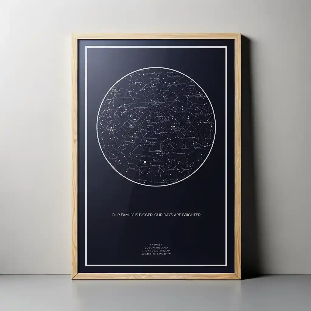 A framed star map print