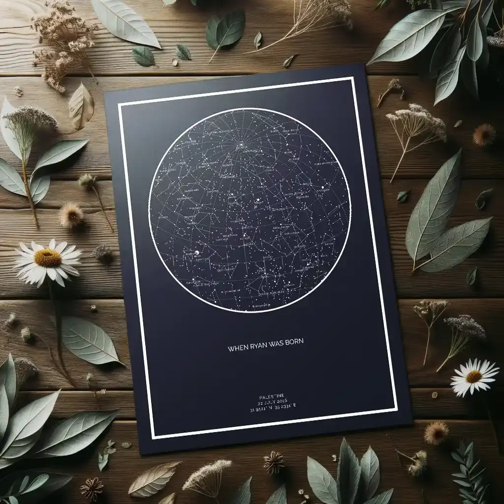 A print pictured around leaves in nature.